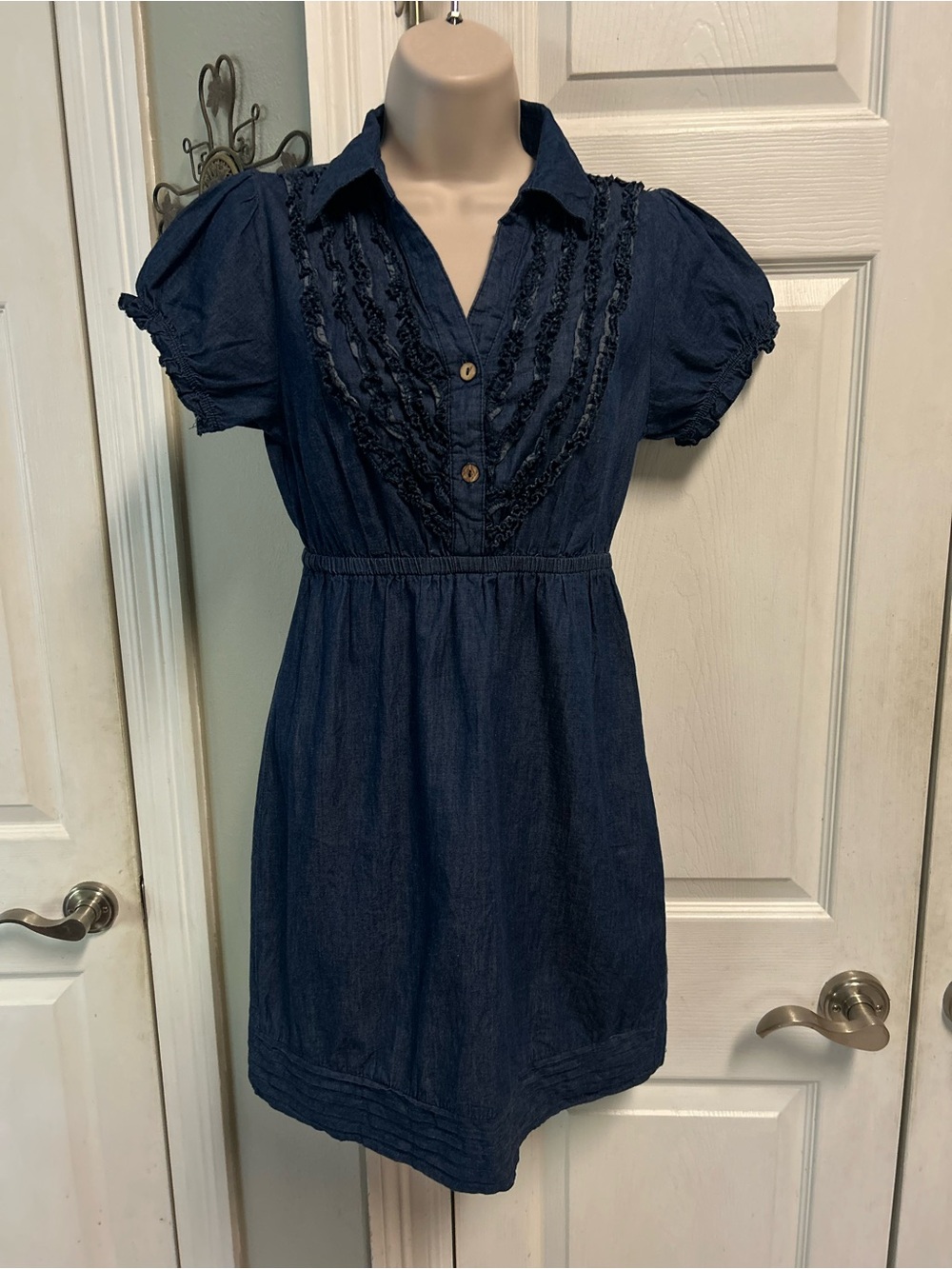 Womens Navy Blue Short Sleeve Denim Shirt Dress Jean Ruffle Puff Sleeves Weatern